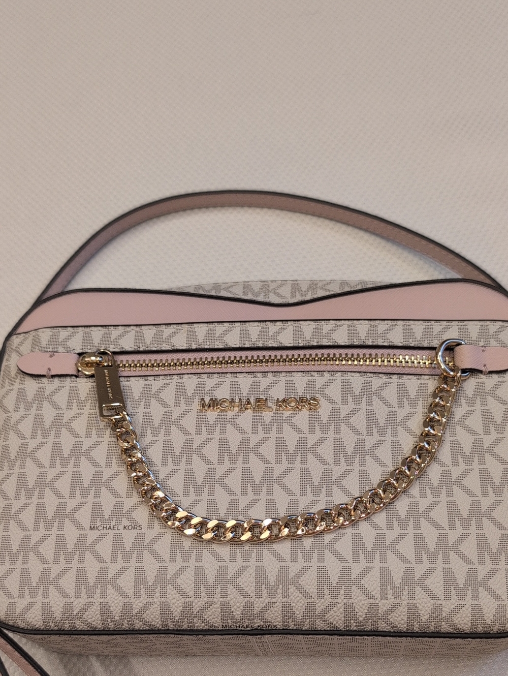 Michael Kors Pink and Vanilla Signature MK Chain-Trim Crossbody Bag